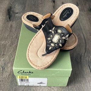 Clarks Artisan Black and Cream Sandals with Embellishments